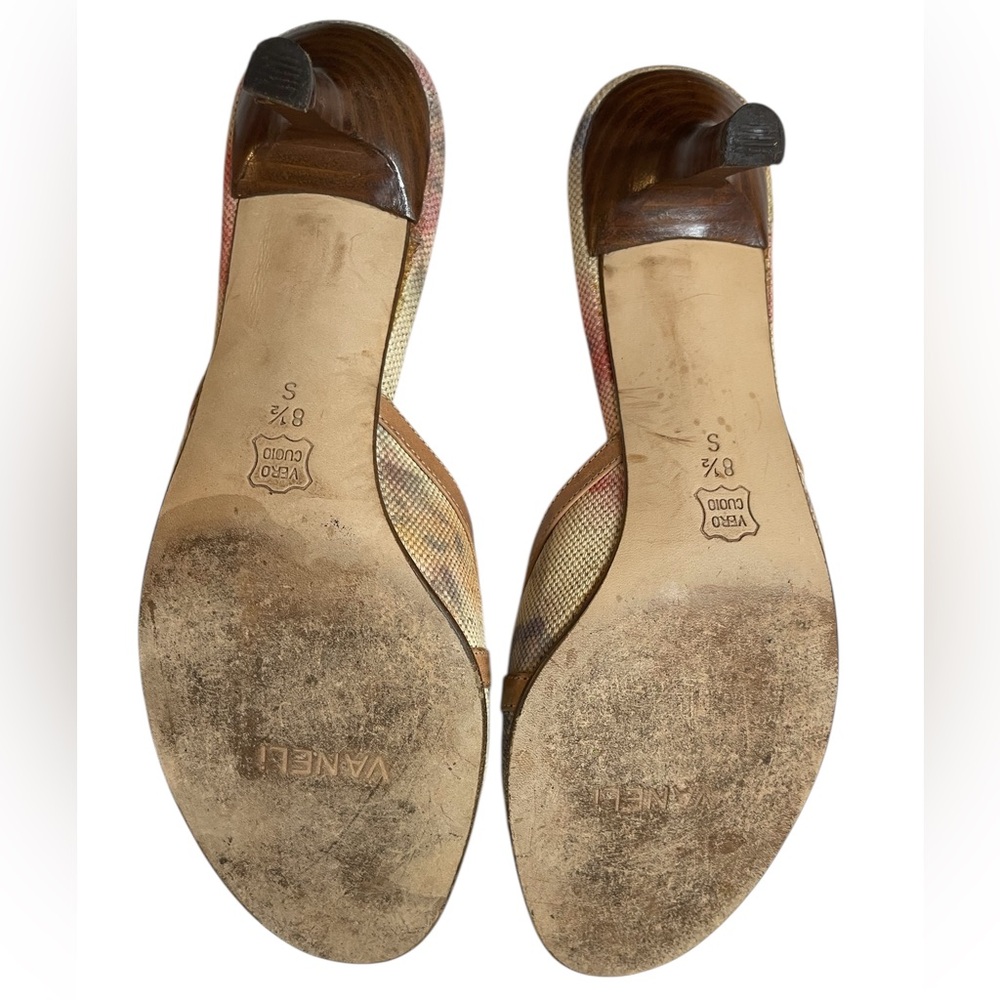 VANELI Tan/Beige Floral Canvas/Leather Slides Mules Heels Shoes - Size 8.5 Slim - Picture 12 of 16